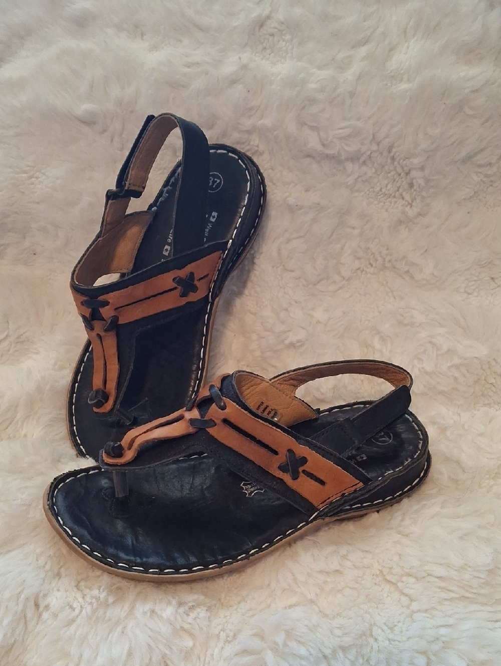 Volks Walkers Black Brown Leather Comfort Thong Sandals EU 37 US 6.5-7